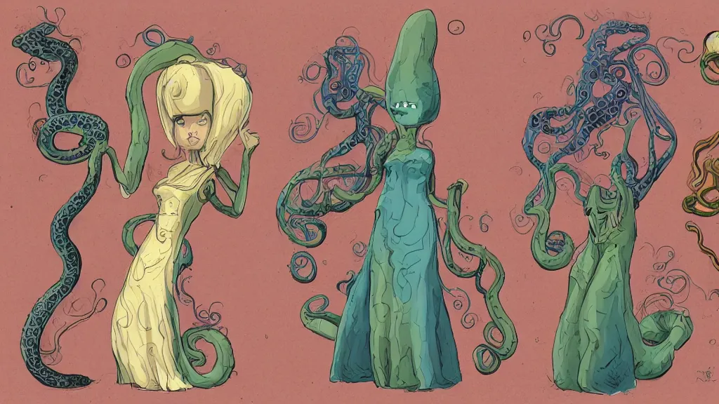 Prompt: aged paper, colorful character sheet for a stocky alien extraterrestrial female servant maid with thick snake - like tentacles instead of hair, long dress with apron, roger dean, coherent, illustration, digital art, trending on artstation, hd, 8 k, good lighting, beautiful, rough paper, masterpiece