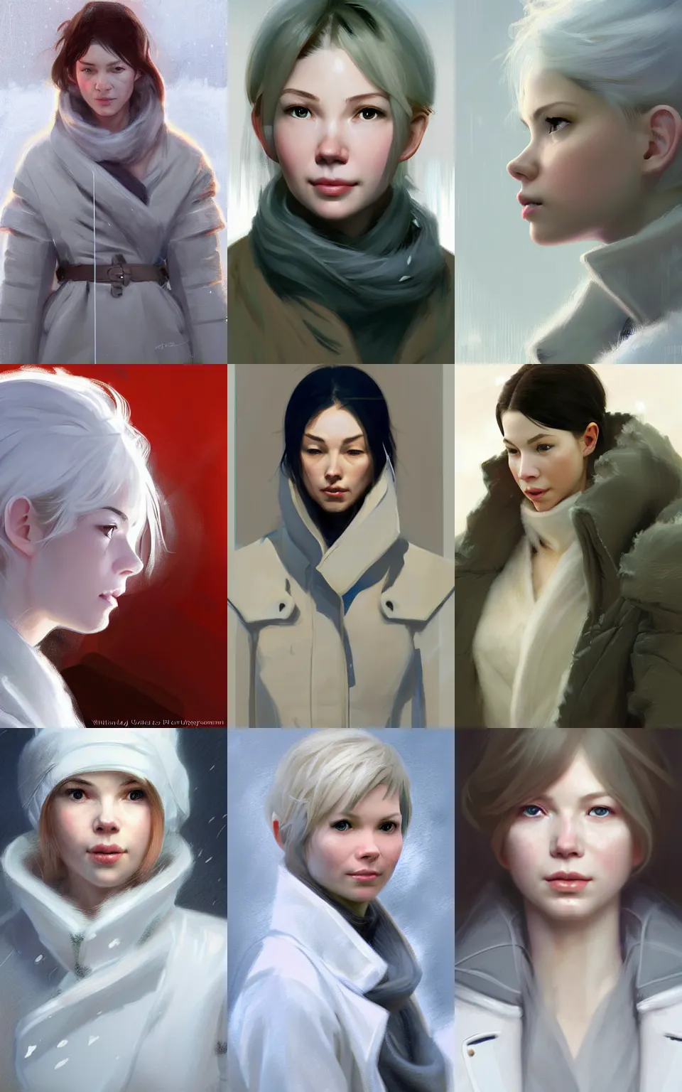 Prompt: character concept portrait, michelle williams suffering from hypothermia, wearing a white winter coat, style digital painting, concept art, smooth, sharp focus, illustration, from metal gear, by ruan jia and mandy jurgens and william - adolphe bouguereau, artgerm