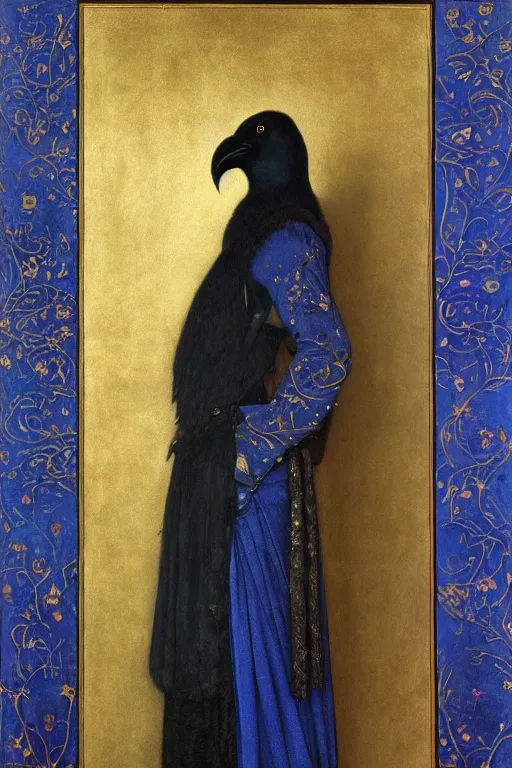 Image similar to portrait in profile of a black crow wearing a blue velvet waistcoat, by Donato Giancola and John Bauer and Vermeer, gold embroidery, iridescent beetles, rich color, featured on Artstation, cgisociety, unreal engine, extremely detailed