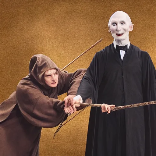 Image similar to vlodymyr zielinski as voldemort tormenting harry potter and friends