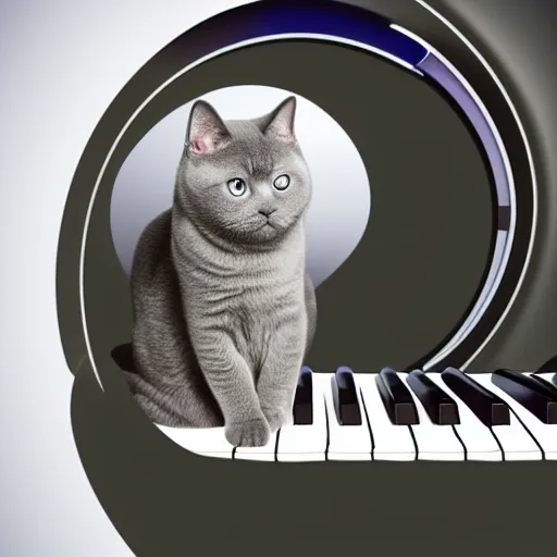 Prompt: detailed oil painting portrait of a grey british shorthair cat sitting upright on spiral curved piano keyboard on colorful abstract background with musical notes digital art concept art 4 k