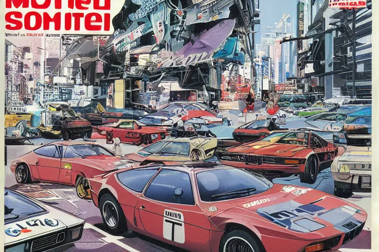 Prompt: 1969 Popular Science Magazine Cover BMW M1 Stratos, city in anime cyberpunk style by Hayao Miyazaki