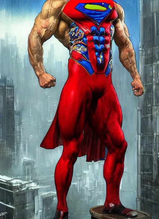 Image similar to portrait of crossfit bodybuilder fitness sprinter superman!, futuristic detailed ornate cyberpunk costume!, red and black costume!!!, pale skin!, no logo!!!, painted art by tsuyoshi nagano, greg rutkowski, artgerm, alphonse mucha, spike painting