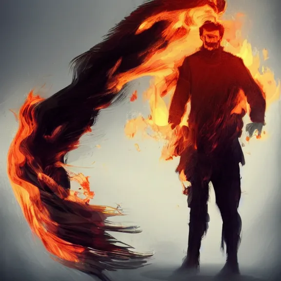 Image similar to marco bucci. digital painting of man on fire. Handsome. Long hair. portrait. ArtStation. Rule of thirds. Silouette. Pain.