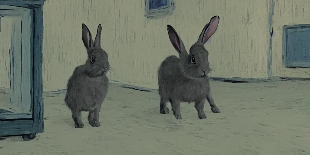 Prompt: a rabbit in the movie loving vincent, screenshot