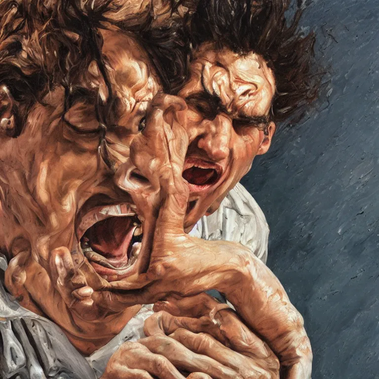 Prompt: warmly lit close up studio portrait of young angry!! screaming! teenage Cosmo Kramer furious!, impasto oil painting thick brushstrokes by Lucian Freud and Cy Twombly and Tim Hawkinson , trending on artstation dramatic lighting Expressionism