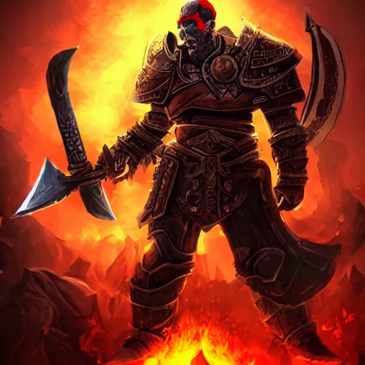 Image similar to Ares the god of war with heavy armor and sword, heavy knight helmet, dark sword in Ares's hand, war theme, bloodbath battlefield background, fiery battle coloring, hearthstone art style, epic fantasy style art, fantasy epic digital art, epic fantasy card game art