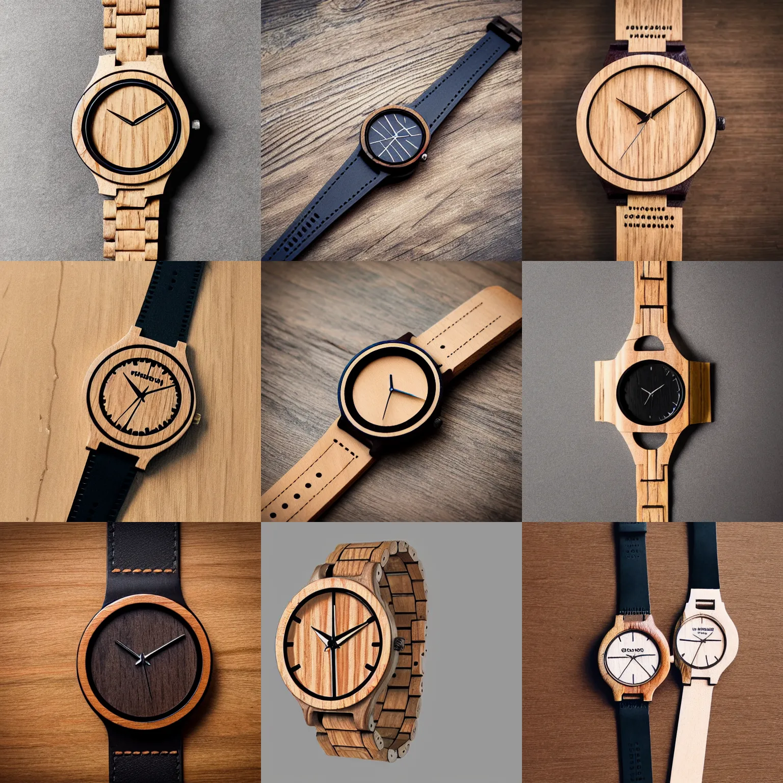 Prompt: wristwatch face wooden minimal