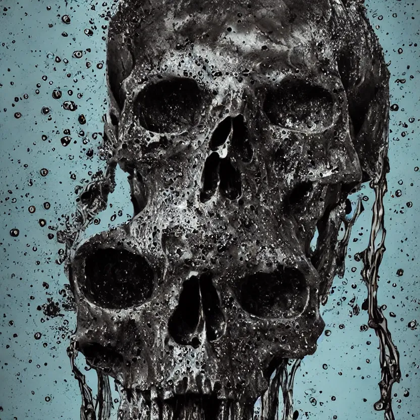 Image similar to a melting dripping human skull. ferrofluids, melted metal, burning water distortions. intricate abstract. intricate artwork. by Tooth Wu, wlop, beeple, dan mumford. octane render, trending on artstation, greg rutkowski very coherent symmetrical artwork. cinematic, hyper realism, high detail, octane render, 8k, depth of field, bokeh. iridescent accents