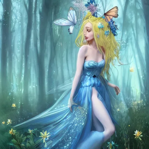 Prompt: a pretty fairy with a large wide blue dress, blonde hair, glitter, a butterfly on her hand, beautiful atmosphere, in the background a forest, concept art, trending on artstation, incredible detail, by Mohrbacher and Moebius 8k