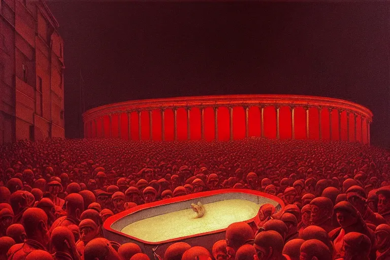 Prompt: only with melted fascist, sportspalast amphitheater, crowd hails him, in the style of beksinski, parts by edward hopper, parts by rodcenko, parts by yue minjun, intricate and epic composition, red by caravaggio, insanely quality, highly detailed, masterpiece, red light, artstation, 4 k