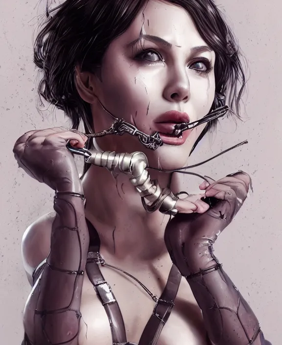 Prompt: a highly detailed portrait of aphrodite, intricate wet latex suspenders, spider gag, honey birdette, shibari, realistic portrait, deep focus, matte, digital painting, artstation, concept art, smooth, sharp focus, cinematic lighting, art by artgerm and nobuyoshi araki and bianca beauchamp