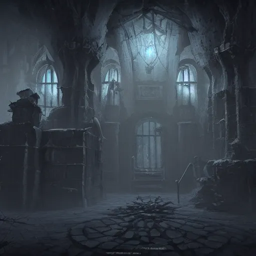 Prompt: A eerie, dark and mysterious, impressive, amazing concept art digital CG painting of a Necromancers lair, trending on ArtStation, Unreal Engine