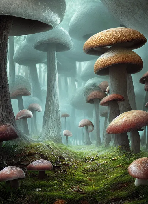 Image similar to a huge mushroom forest, a detailed matte painting by julian allen, cgsociety, fantasy art, matte painting, concept art, daz 3 d