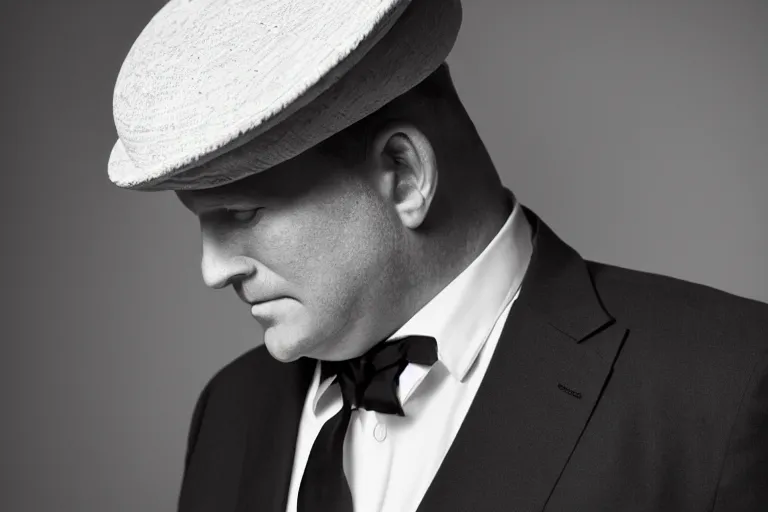 Image similar to cinematic still of portly clean-shaven white man wearing suit and necktie and boater hat, XF IQ4, f/1.4, ISO 200, 1/160s, 8K, RAW, dramatic lighting, symmetrical balance, in-frame