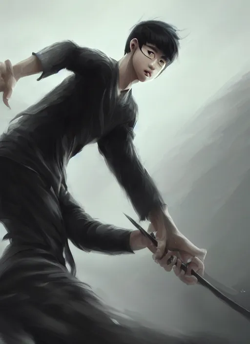 Prompt: a highly detailed illustration of korean man with bowl cut black hair wearing tie with giant black claws, wielding giant black fog claws pose, foggy black mist surrounding background, perfect face, intricate, elegant, highly detailed, centered, digital painting, artstation, concept art, smooth, sharp focus, league of legends concept art, wlop.