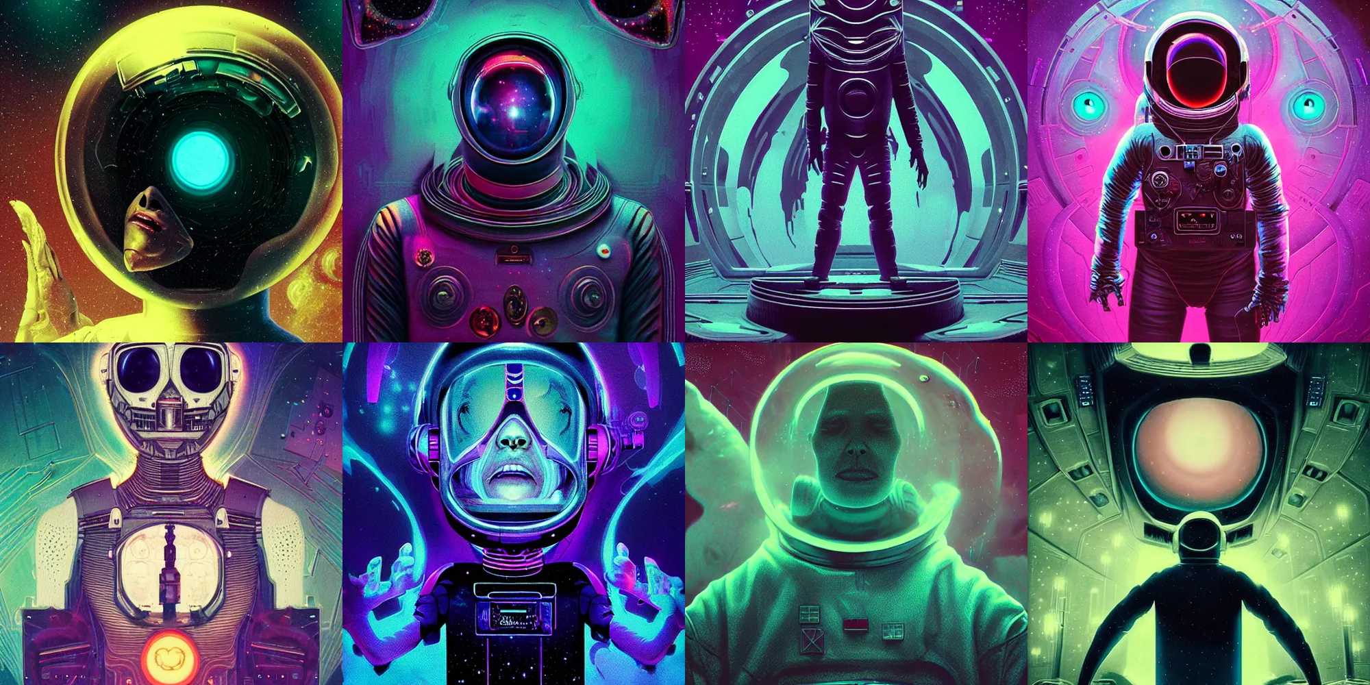 Image similar to beautiful dark astronaut, horror poster 9 0 s, cosmic horror, abstract, ghostly, arcade, duotone, poltergeist, lets get weird, intricate, elegant, highly detailed, smooth, sharp focus, unreal engine 5, raytracing, art by beeple and mike winkelmann, ultraviolet colors,