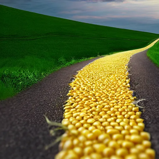 Prompt: a road made of corn, photo realistic, high reflections, high detail