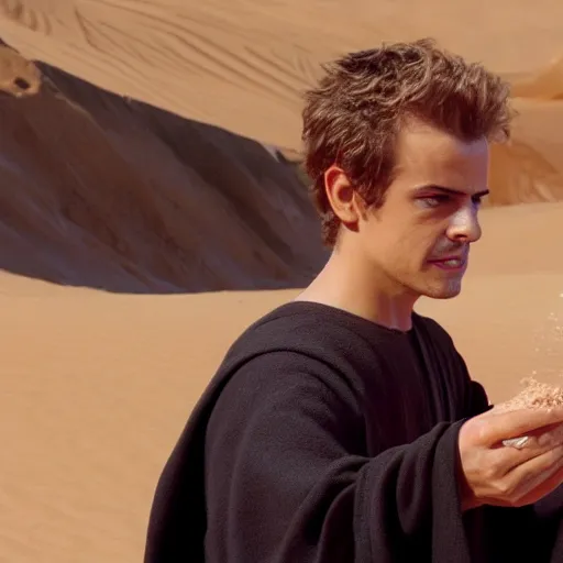 Image similar to Hayden Christensen in Attack of the Clones eating sand by scooping it up in his hands, close up, 4K photography, cinematographic