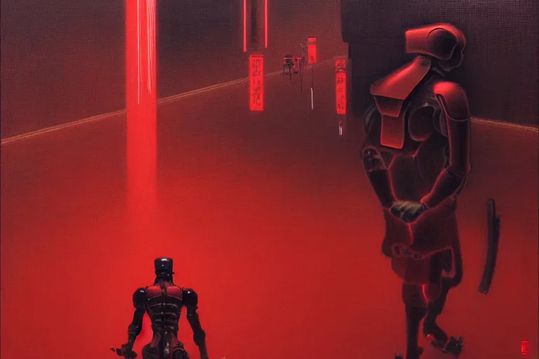 Image similar to only with red, a red cyborg samurai, tokio futuristic in background, some evil yokai fight, in the style of beksinski, parts by edward hopper, parts by rodcenko, parts by yue minjun, intricate and epic composition, red by caravaggio, insanely quality, highly detailed, masterpiece, red light, artstation, 4 k