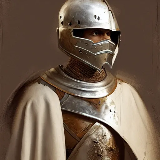 Prompt: man in decorated 15 century crusader armor, helmet and white cape drawn by greg rutkowski realistic high detail