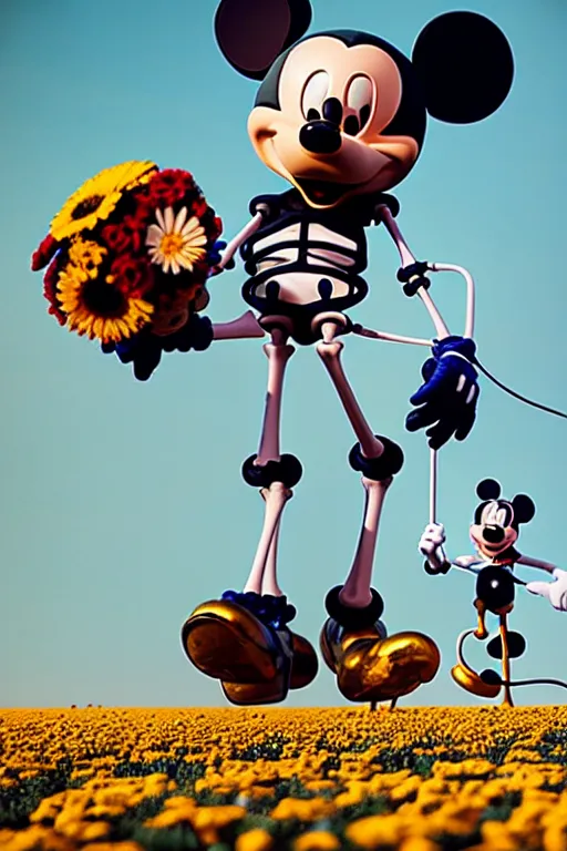 Prompt: a skeletal, mickey mouse made out of flowers and bones, taking a giant robot for a walk by beeple and arcimboldo, highly detailed, rendered in octane