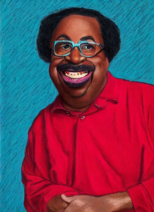 Image similar to ( ( ( caricature of leslie david baker as stanley hudson of the office television series ) ) ) by igor kazarin, pastels, head to waist, light coming from the right side, red background,