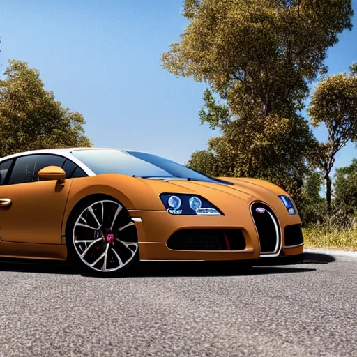 Image similar to super realistic supercar brown bugatti on a road, 4k, 8k, hdr, full hd, high quality textures, high quality shadows, high quality lightning, intense world lightning, HDR, global illumination, post processed, hyperrealistic, photorealistic, photo realistic, realistic, detailed sky