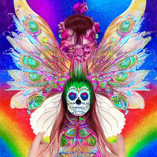 Prompt: painting of a sugar skull kitsune, mage clothes inspired by a fairy peacock, 9 brilliant peacock tails that shimmer magic itself, painted by a master artist, sparkles, pink cloud background, rainbows, waterfall, dnd beyond, fae, photo realistic, renaissance