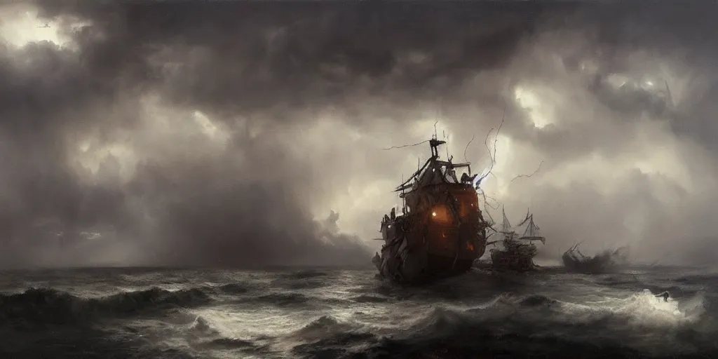 Prompt: A hyper realistic oil painting of a pirate ship in a storm, dark clouds above, fog, lightning lights the sky, by Greg Rutkowski, hyper detailed, trending on artstation