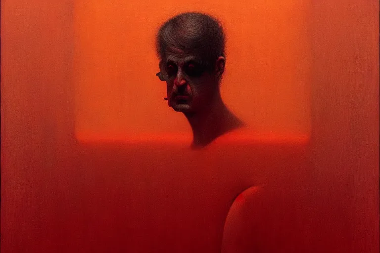 Prompt: salman rushdie, in the style of beksinski, parts by edward hopper, parts by rodcenko, parts by yue minjun, intricate and epic composition, symmetrical, red by caravaggio, insanely quality, highly detailed, masterpiece, red light, artstation, 4 k