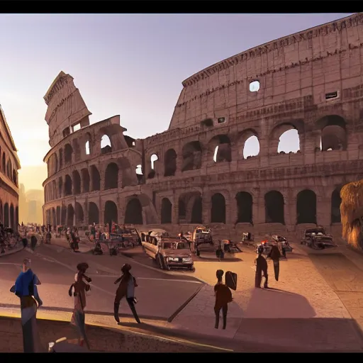 Prompt: bustling d & d city with a distant colosseum, first person street view, artstation