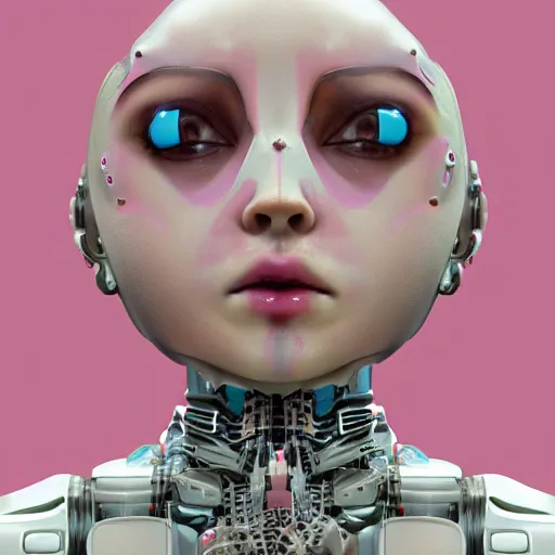 Prompt: an insanely detailed portrait of a pretty humanoid robot showing the viewer a pink icecream, artstation greg rutkowski, cinematic, hyperrealist, digital art