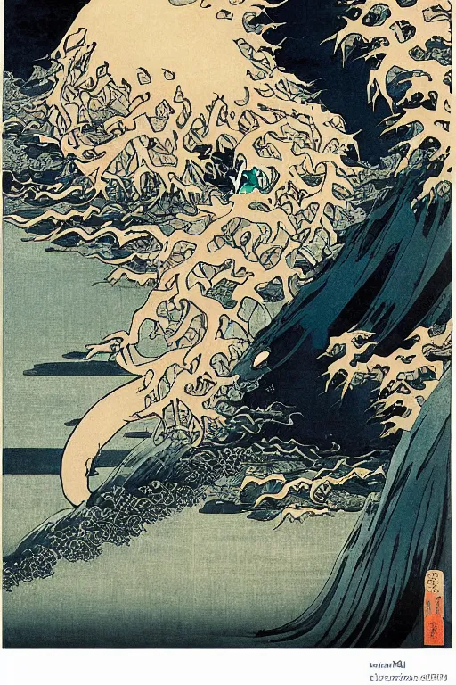 Image similar to generative art by katsushika hokusai, by ralph steadman, storybook illustration, cool color palette, in a symbolic and meaningful style