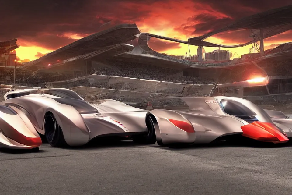 Image similar to Futuristic Hover Car Le Mans Races In Italy Circa Year 10,0000, Hover Vehicles Designed by Syd Mead and Pininfarina, beautiful sunset, photorealistic, hyperrealistic, octane render, HDR, IG Studios Anime Style