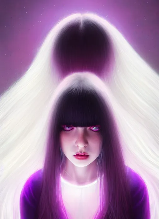 Image similar to hair whitebangs hair, black hair, whitebangs, portrait of teenage girl with white bangs, red irises, purple clothes, white bangs, bangs are different color from hair, intricate, elegant, glowing lights, highly detailed, digital painting, artstation, concept art, smooth, sharp focus, illustration, art by wlop, mars ravelo and greg rutkowski