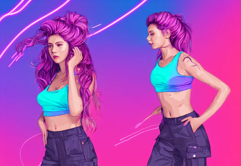 Image similar to a award winning half body portrait of a beautiful woman in a croptop and cargo pants with ombre purple pink teal hairstyle surrounded by whirling illuminated lines, outrun, vaporware, shaded flat illustration, digital art, trending on artstation, highly detailed, fine detail, intricate