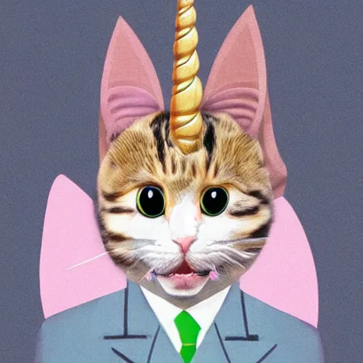 Image similar to photo of a cat with a snarky smile, he has a unicorn on his forehead and he is wearing a suit