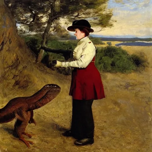 Image similar to female park ranger petting a veloceraptor by alfred stevens