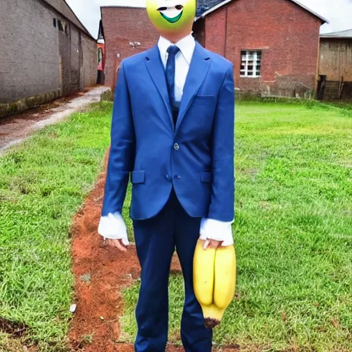 Prompt: a person with suit that has a banana head