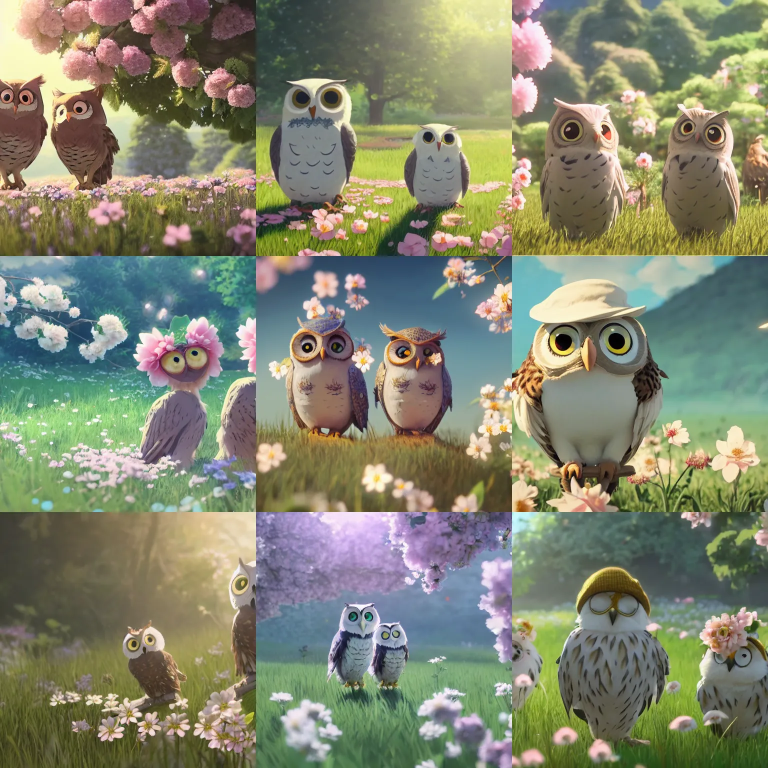 Image similar to film still of happy content cute owls wearing flowers and hats, in a field of delicate dainty blossoms, makoto shinkai, cinematic lighting, volumetric lighting, sunny, highly detailed, hand drawn, intricate, illuminated, 8k