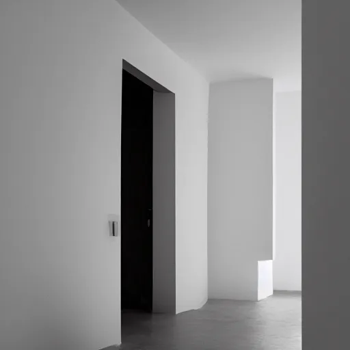 Image similar to picture of a place where all the walls are unicolor, and shapes ares very simple, nothing but wall and doorframes of simple colors