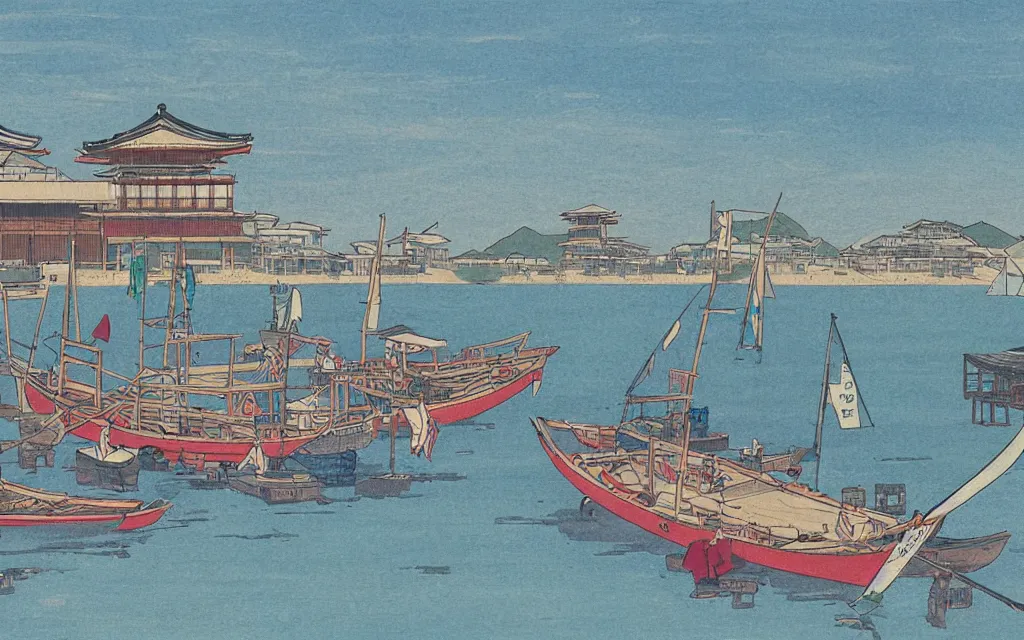 Prompt: 🌅 ⛵ ⛩ 🏝, shin - hanga