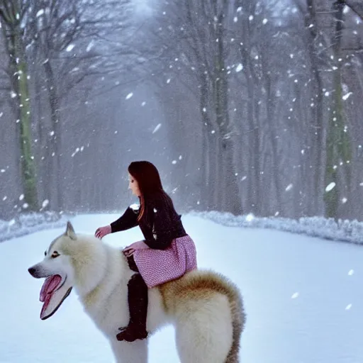 Image similar to girl riding a giant husky in the park, snow, trending on artstation