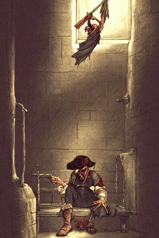 Prompt: aesthetic digital illustration of a sad pirate hanging his head sitting on a prison cot by miyamoto and alex horley - orandelli, sitting in a prison, centered, concept art, deviantart