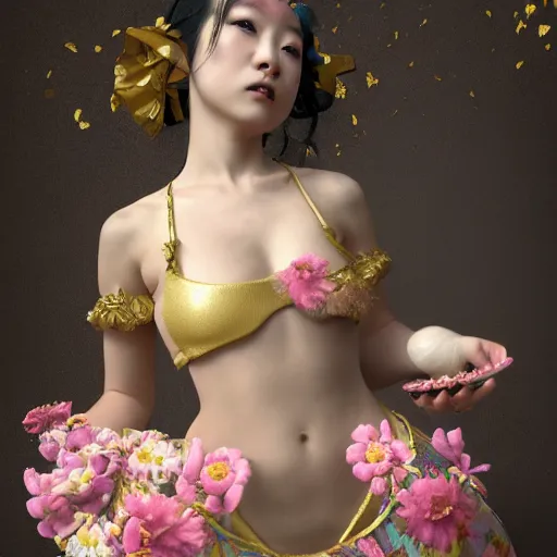 Image similar to 8 k, octane render, realism, tonalism, renaissance, rococo, baroque, portrait asian of a young lady wearing long harajuku manga dress with flowers and skulls, cotton candy!! ( background chaotic gold leaf flowers ) bikini