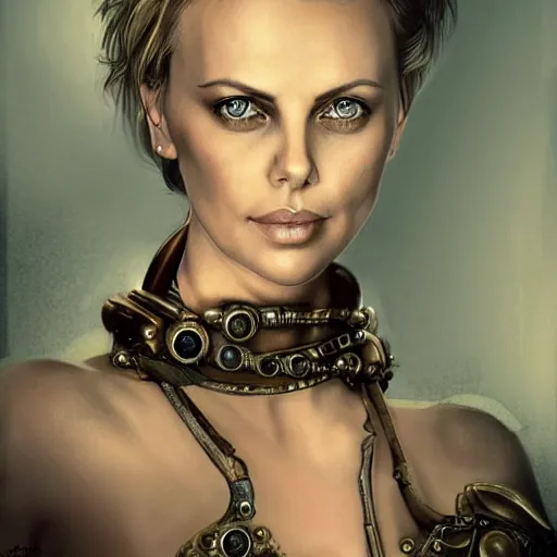 Prompt: beautiful Charlize Theron, perfect face and boy, in detailed steampunk dress, smooth, sharp focus, illustration, realistic, cinematic, artstation, cinematic, award winning, original modern artwork, set on H. R. Giger aesthetic, rgb ethereal lighting,8k