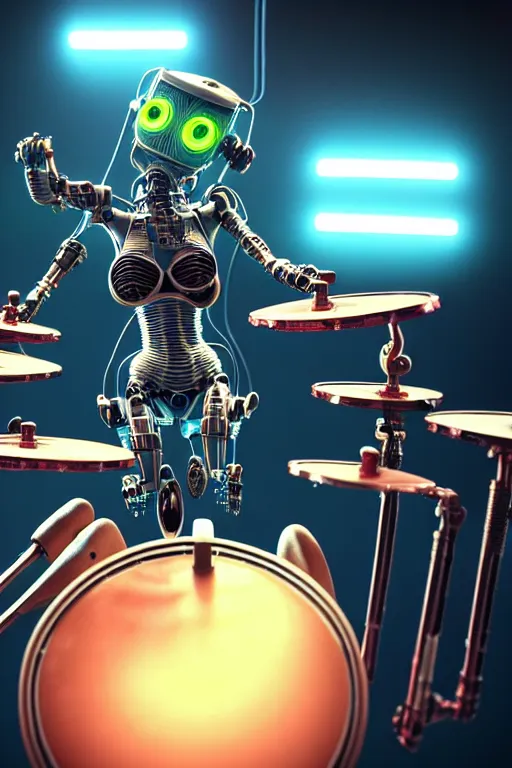 Image similar to high quality 3 d render very cute cyborg beagle plays drums!, cyberpunk highly detailed, unreal engine cinematic smooth, in the style of blade runner & pixar, hannah yata charlie immer, moody light, low angle, uhd 8 k, sharp focus