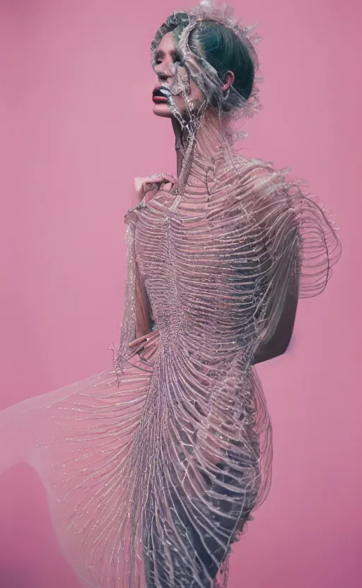 Image similar to Fashion photography of a woman wearing a dress inspired by a jellyfish, artistic photography, insanely detailed, chiaroscuro, cinestill 800t, Vogue magazine