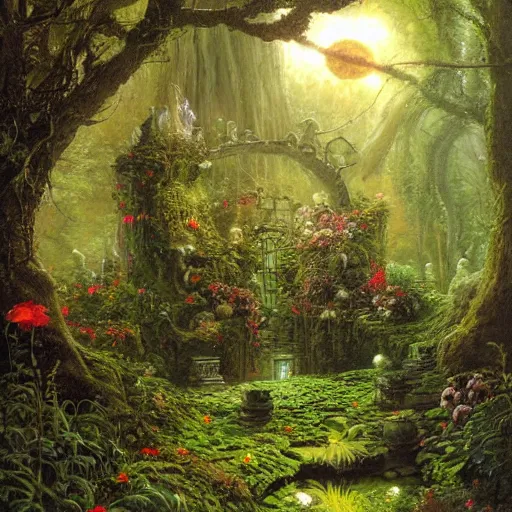 Prompt: the garden ; to dig my flowers garden ; after i die ; after you die ; to dig yours ; to beg them ; to be wet from dawn to dawn ; tree growing from the grave, concept art, mystic garden, ultrarealistic, fantasy by ferdinand knab, vivid colours